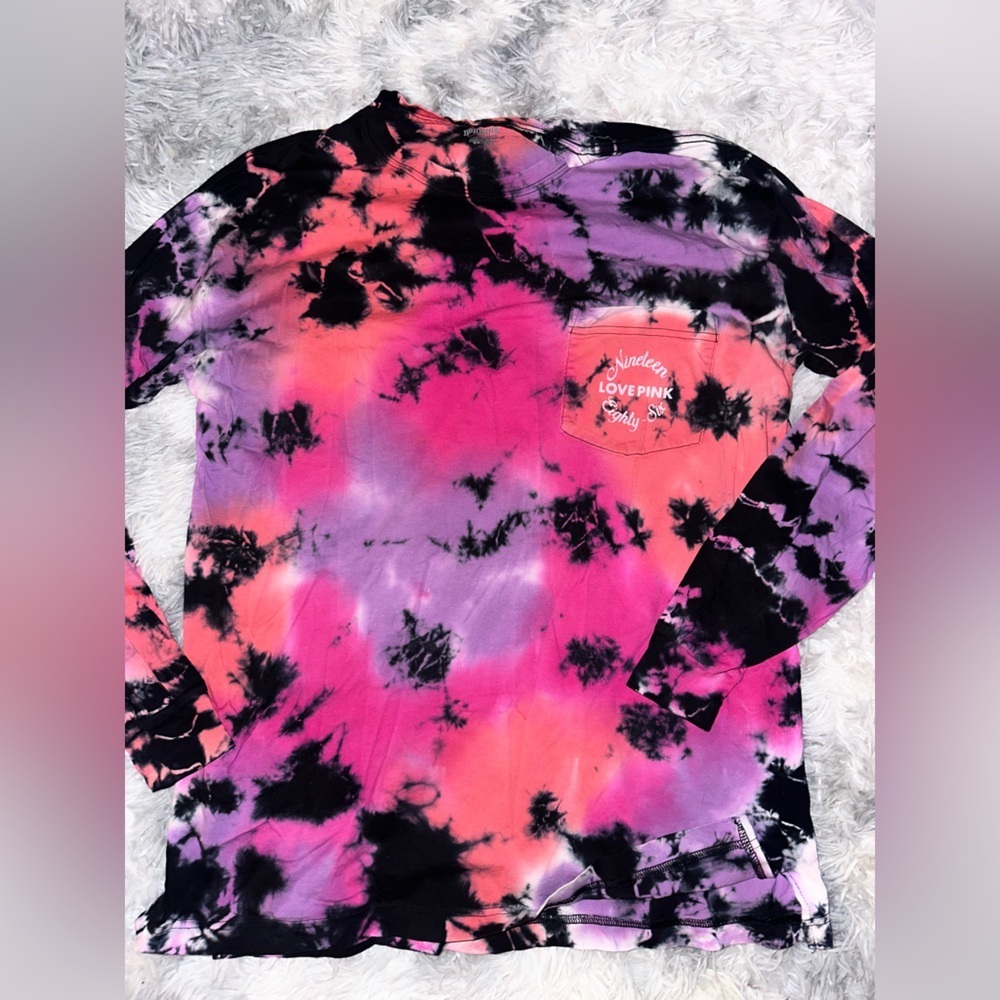 PINK Victoria's Secret Black & Neon Tie-Dye Campus Long Sleeve T - EUC Small